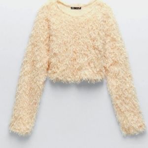 Zara Peach Cream Beige Long Sleeve Crop Top Large